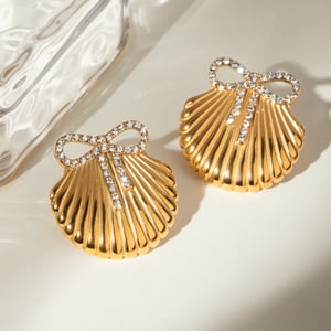 1 Pair Sweet Romantic Style Bow Knot Shell Shape Stainless Steel  Gold Color Inlay Rhinestones Women's Stud Earrings h5 